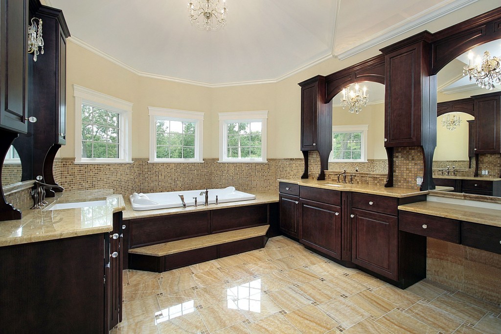 Dark Cherry Cabinetry In Luxury Bathroom