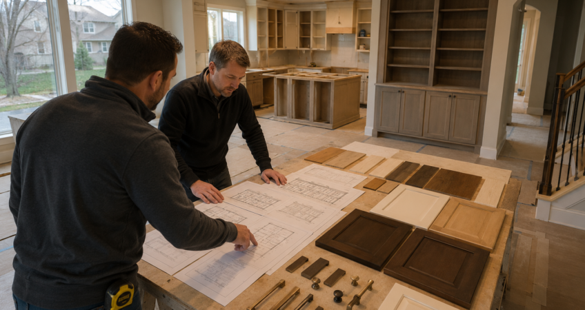 Creative cabinet maker planning custom cabinetry for a full home renovation.