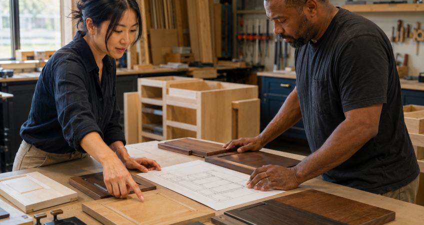 Interior designer reviewing locally built custom cabinets for a Johnson County home project.