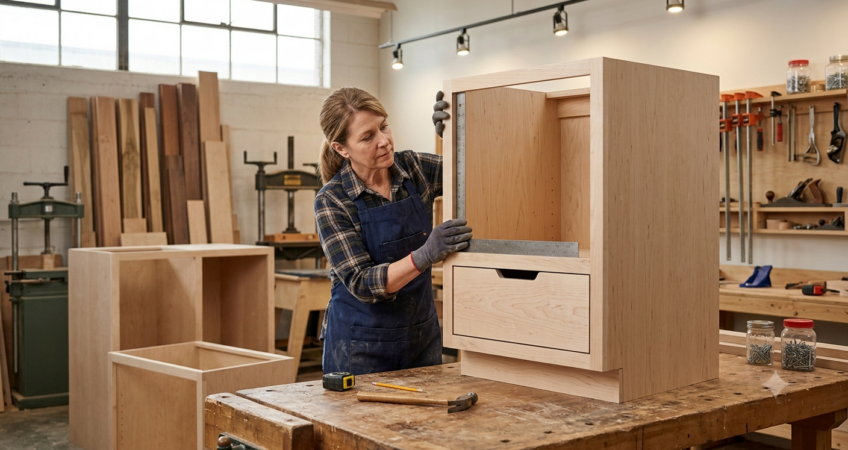 Cabinet maker checking a fitted kitchen cabinet during custom manufacturing.