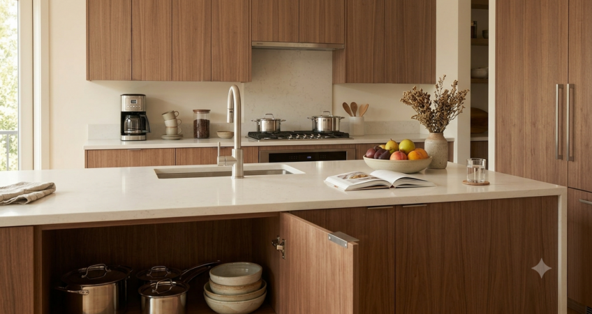 Open-concept kitchen with custom cabinets connecting the cooking, dining, and living areas.