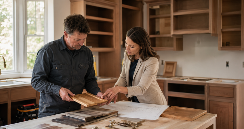 Interior designer and expert cabinet maker reviewing custom cabinetry plans for a Kansas City renovation.