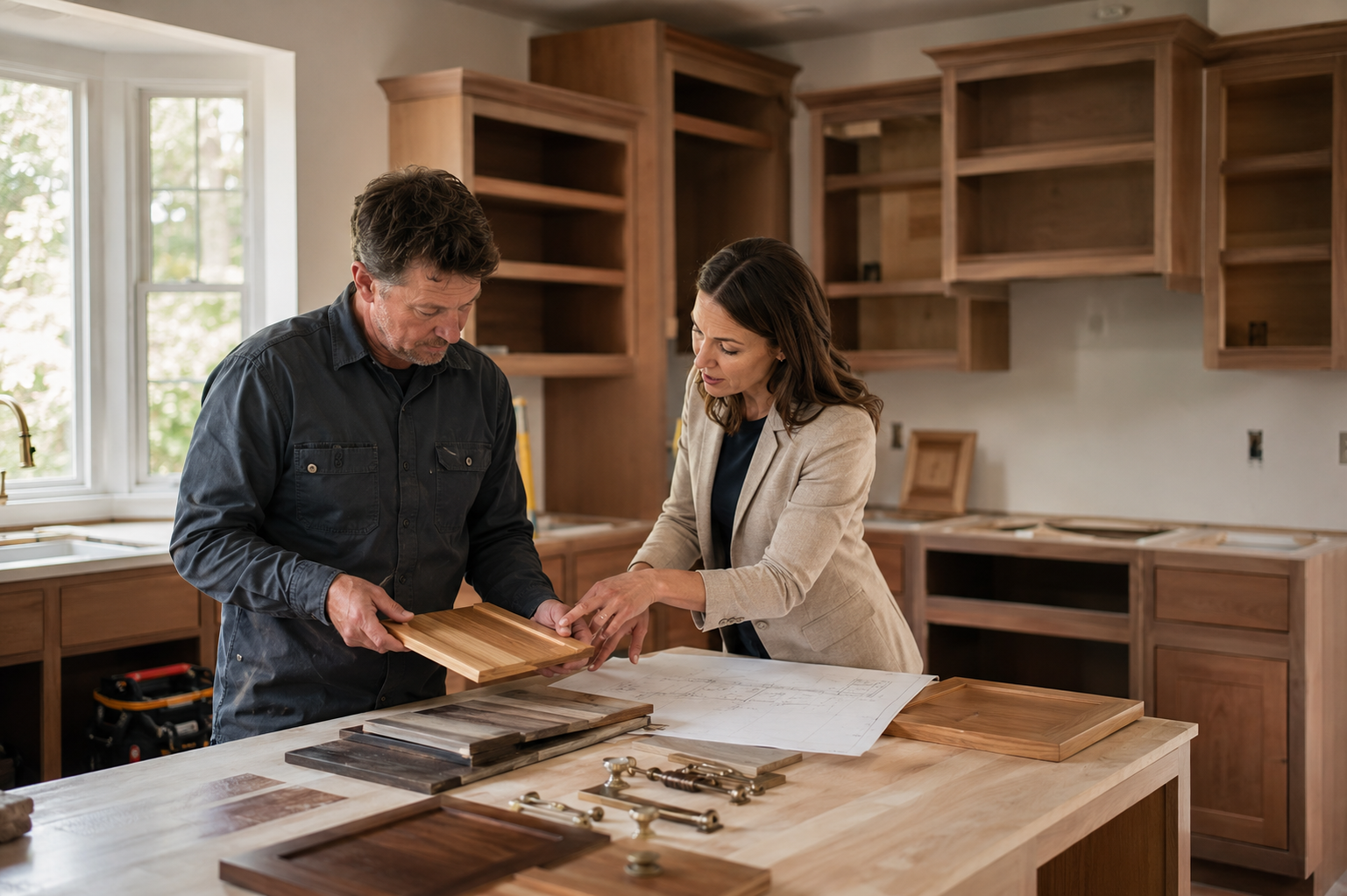 Interior designer and expert cabinet maker reviewing custom cabinetry plans for a Kansas City renovation.