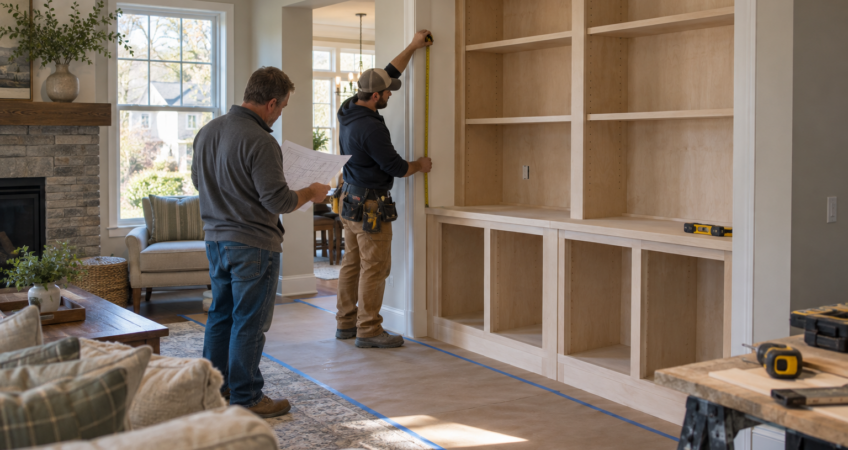 Cabinet maker reviewing measurements for custom built-in storage in a Kansas City-area home.
